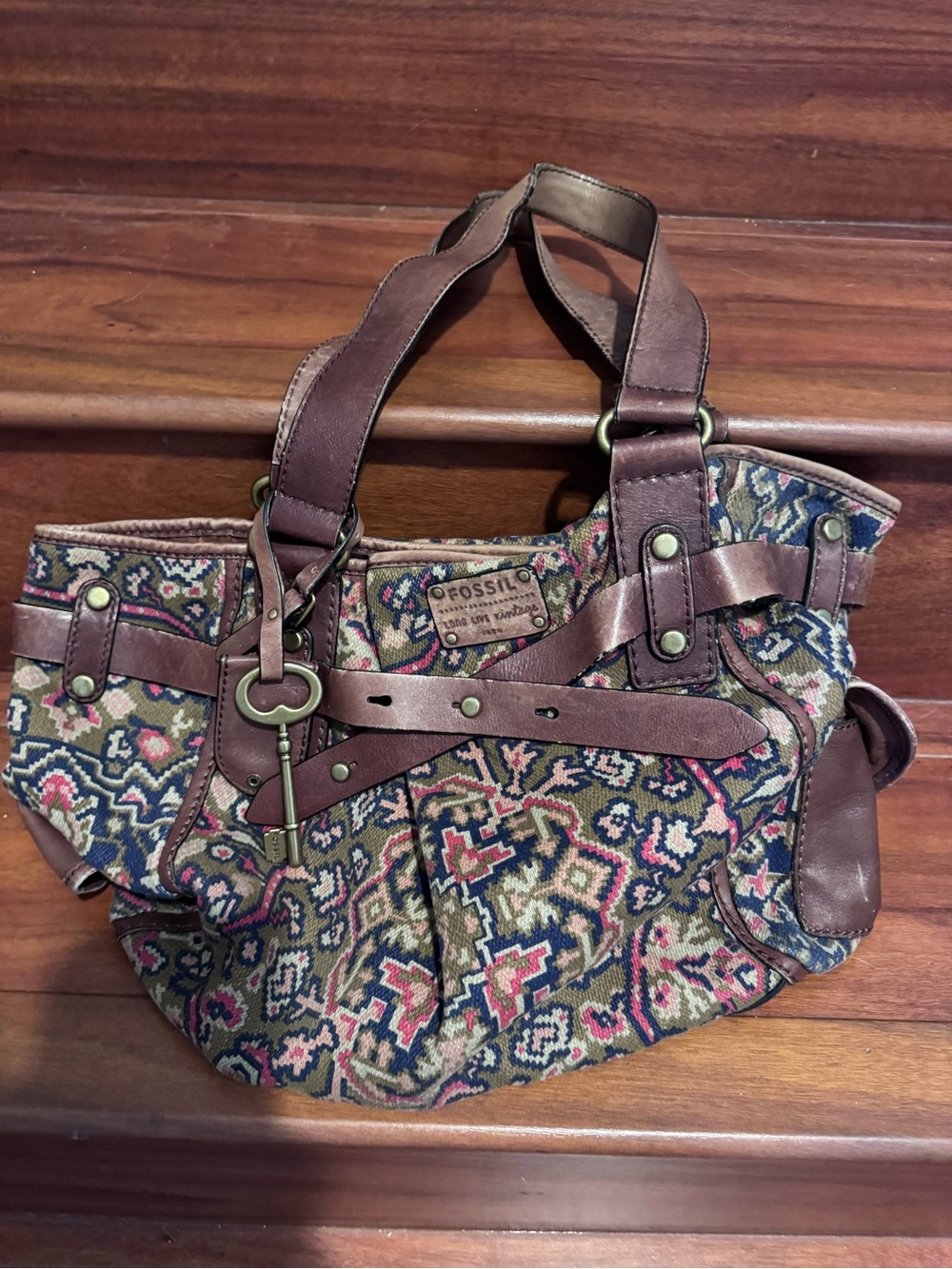 VINTAGE Fossil Brown Multicolor Tapestry Shoulder Bag with Key Charm
